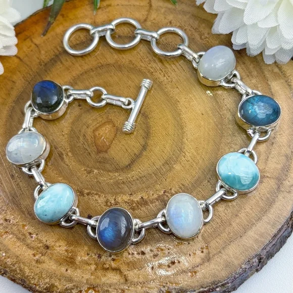 Multi Gemstone Bracelet Larimar Blue Labradorite Rainbow Moonstone Handmade 925 - Picture 1 of 9